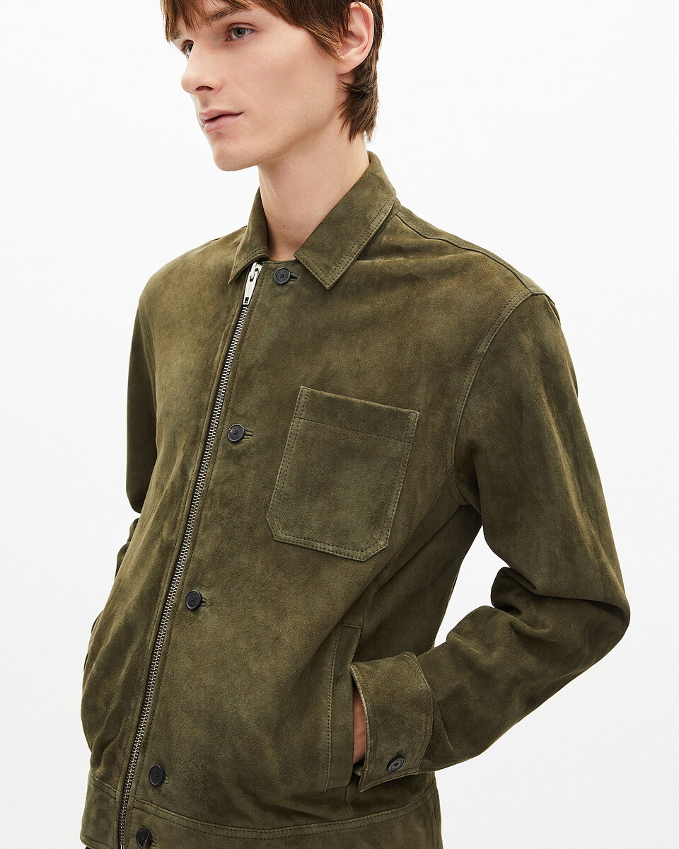 Suede jacket with khaki offset zip