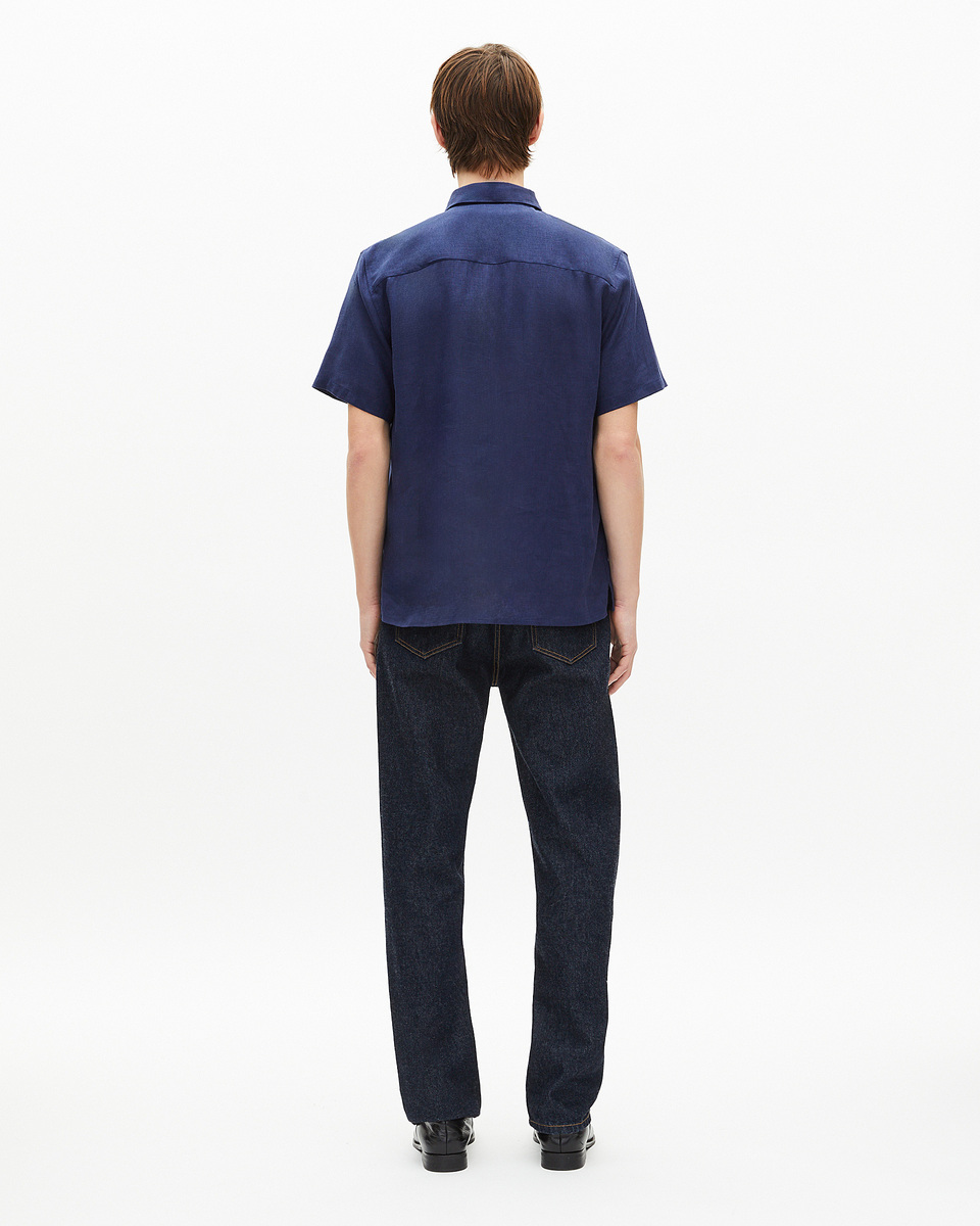 Short-sleeved navy linen shirt