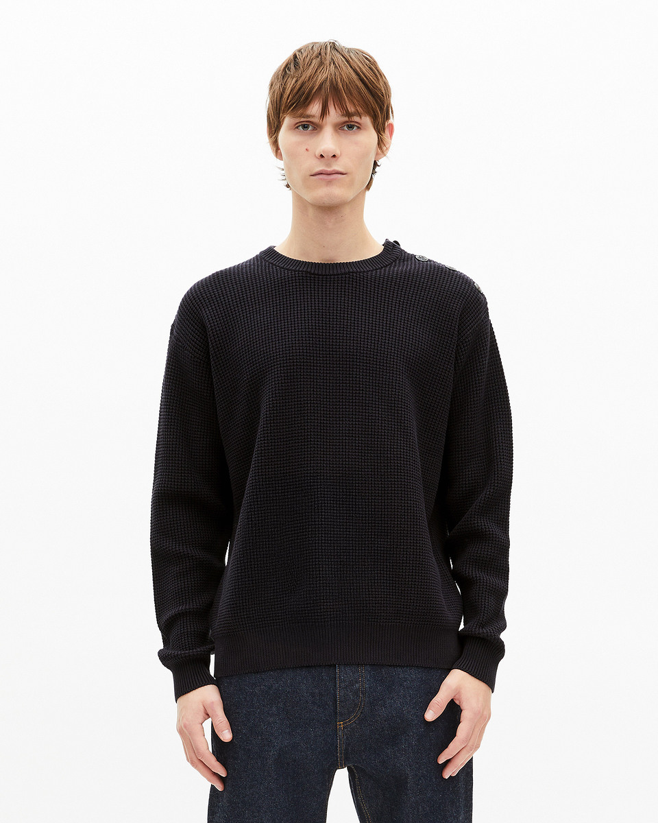 Navy button sweater