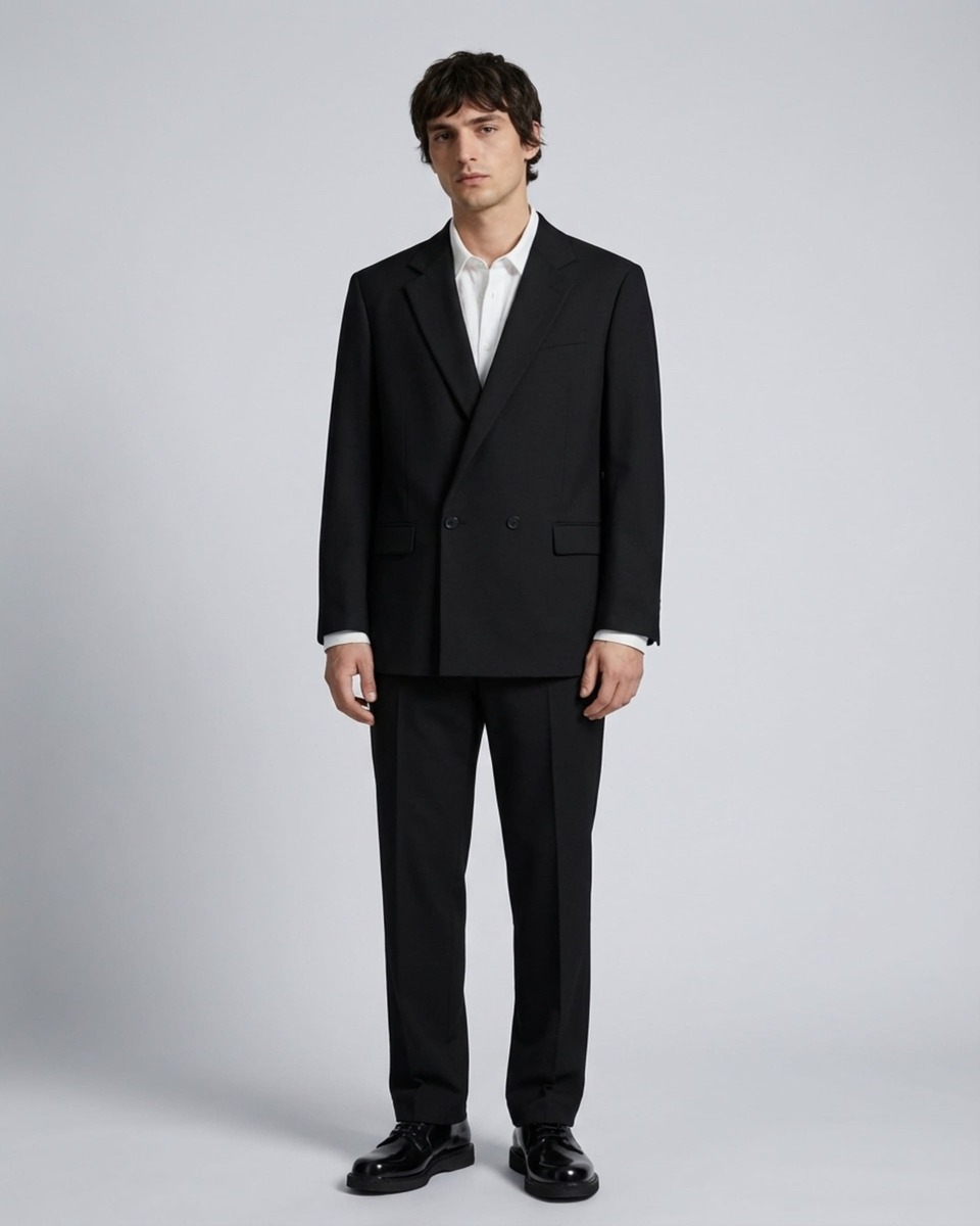 Navy double-breasted suit jacket