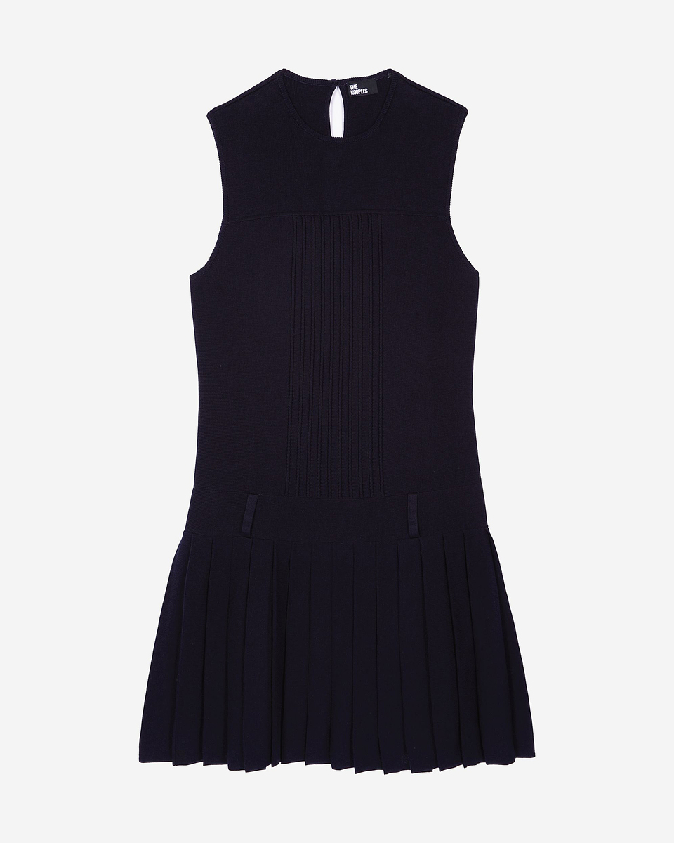 Short navy pleated knit dress