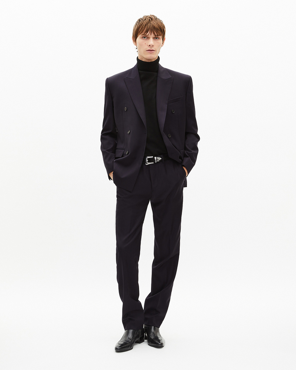 Navy pinstripe double-breasted suit jacket