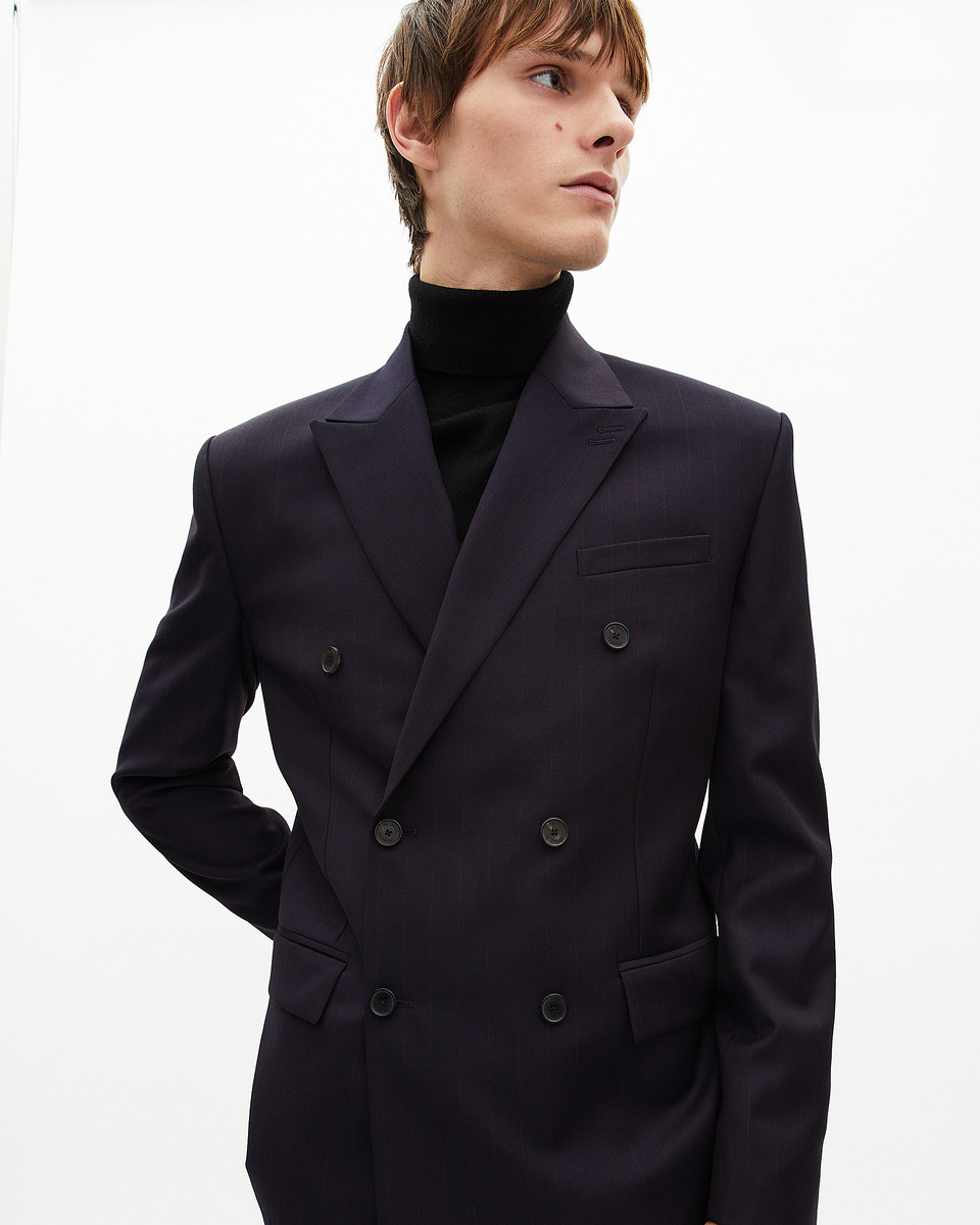 Navy pinstripe double-breasted suit jacket