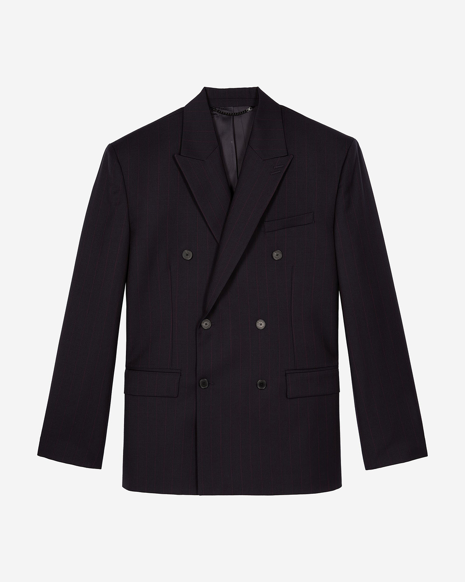 Navy pinstripe double-breasted suit jacket
