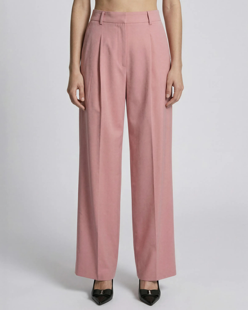 Wide-leg tailored pants in pastel pink linen and cotton