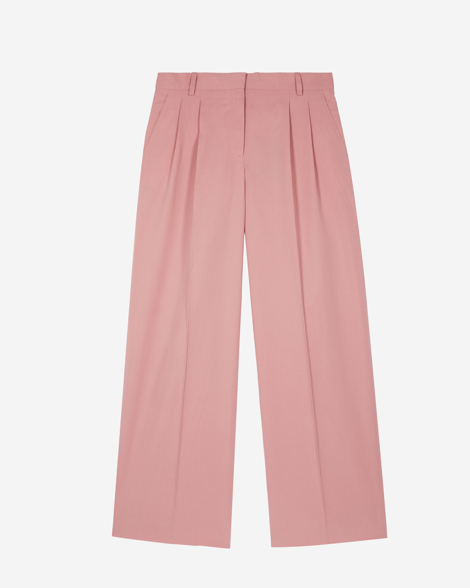 Wide-leg tailored pants in pastel pink linen and cotton