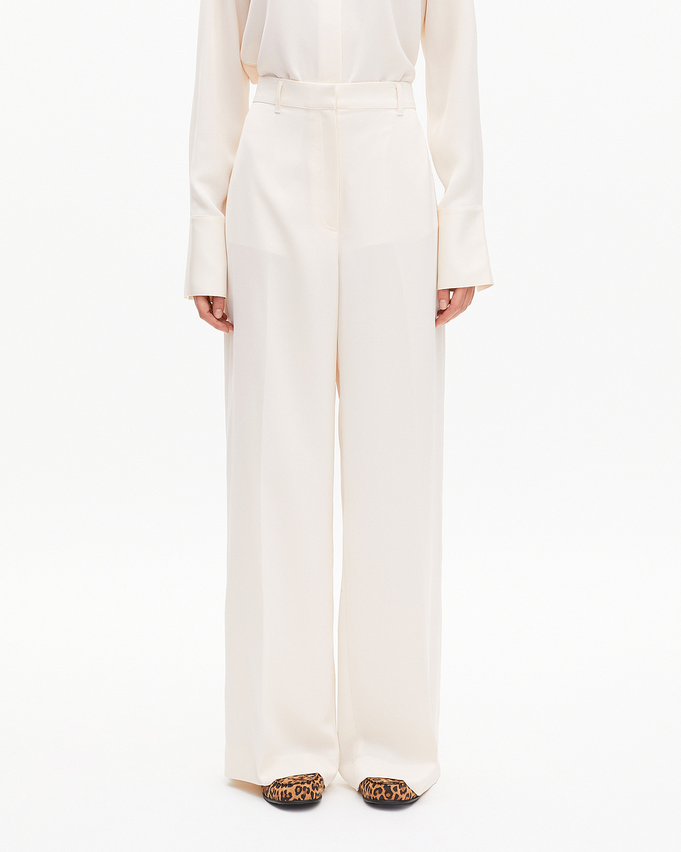 Wide-leg pants in ecru satin