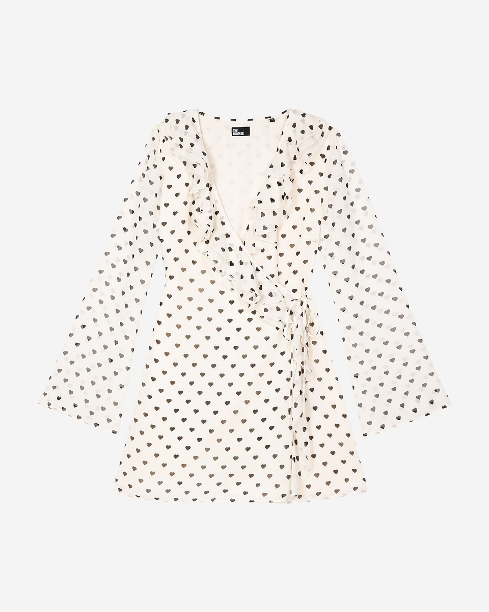 Short wrap dress in ecru heart print