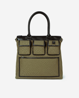 Khaki canvas and leather tote bag