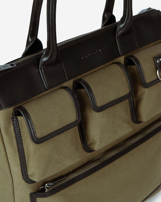 Khaki canvas and leather tote bag