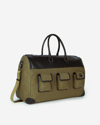 Khaki canvas and leather weekend bag