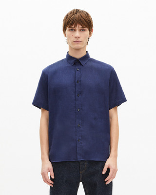 Short-sleeved navy linen shirt