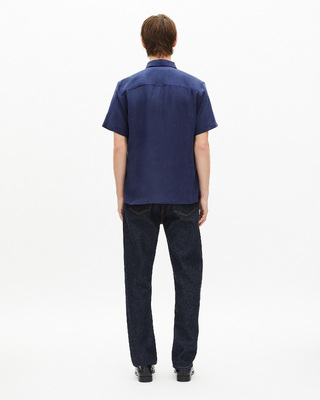 Short-sleeved navy linen shirt
