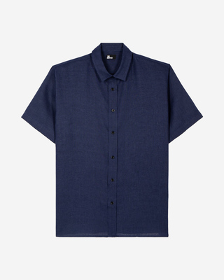 Short-sleeved navy linen shirt