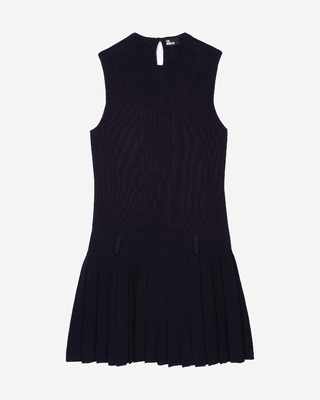 Short navy pleated knit dress