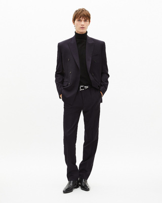 Navy pinstripe double-breasted suit jacket