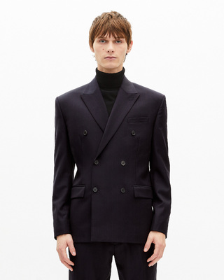 Navy pinstripe double-breasted suit jacket