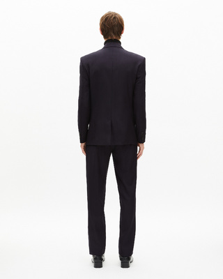 Navy pinstripe double-breasted suit jacket