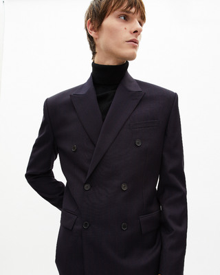 Navy pinstripe double-breasted suit jacket