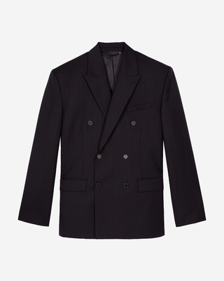 Navy pinstripe double-breasted suit jacket