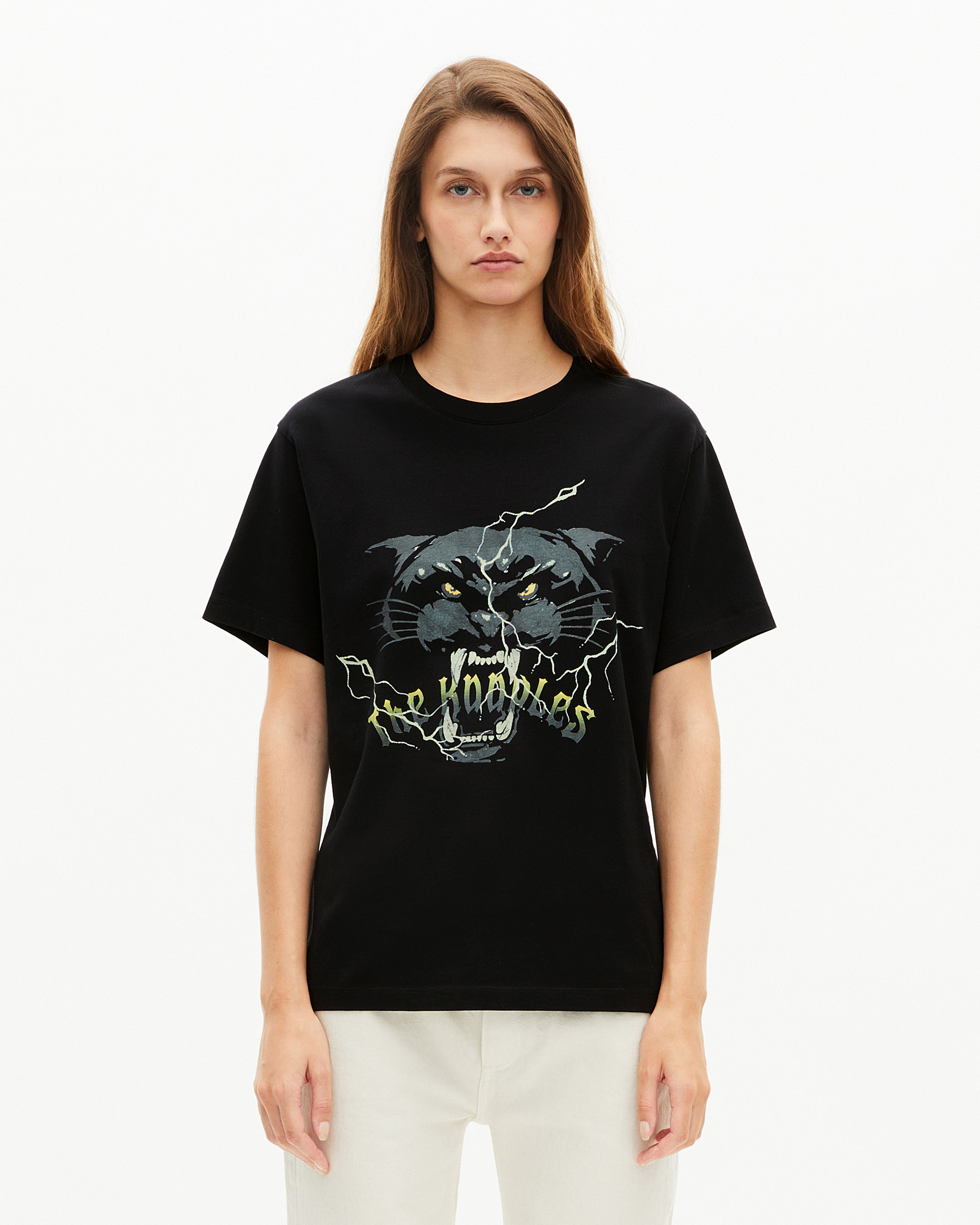 T-shirt with black rhinestone screen print
