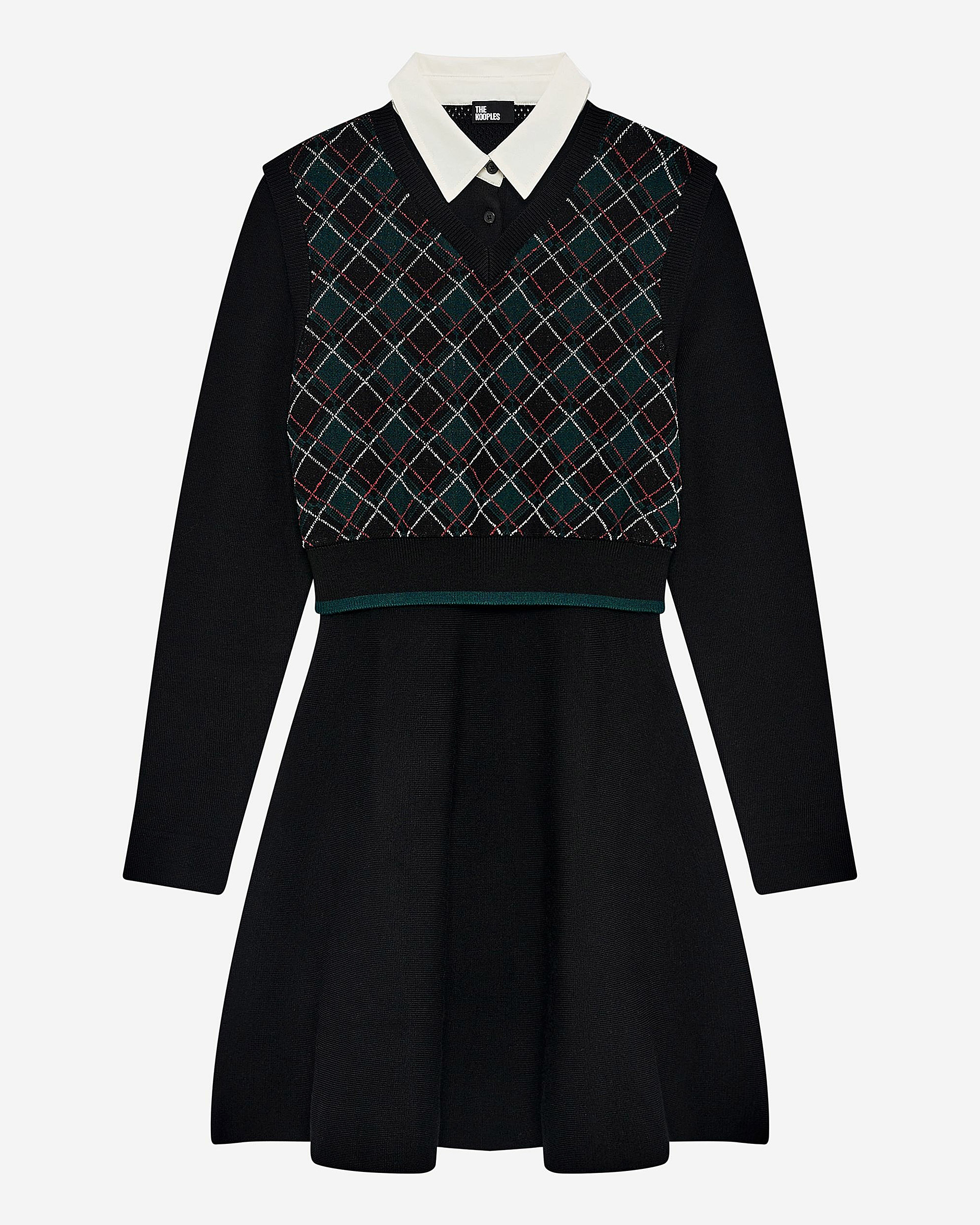 Green check knit short dress