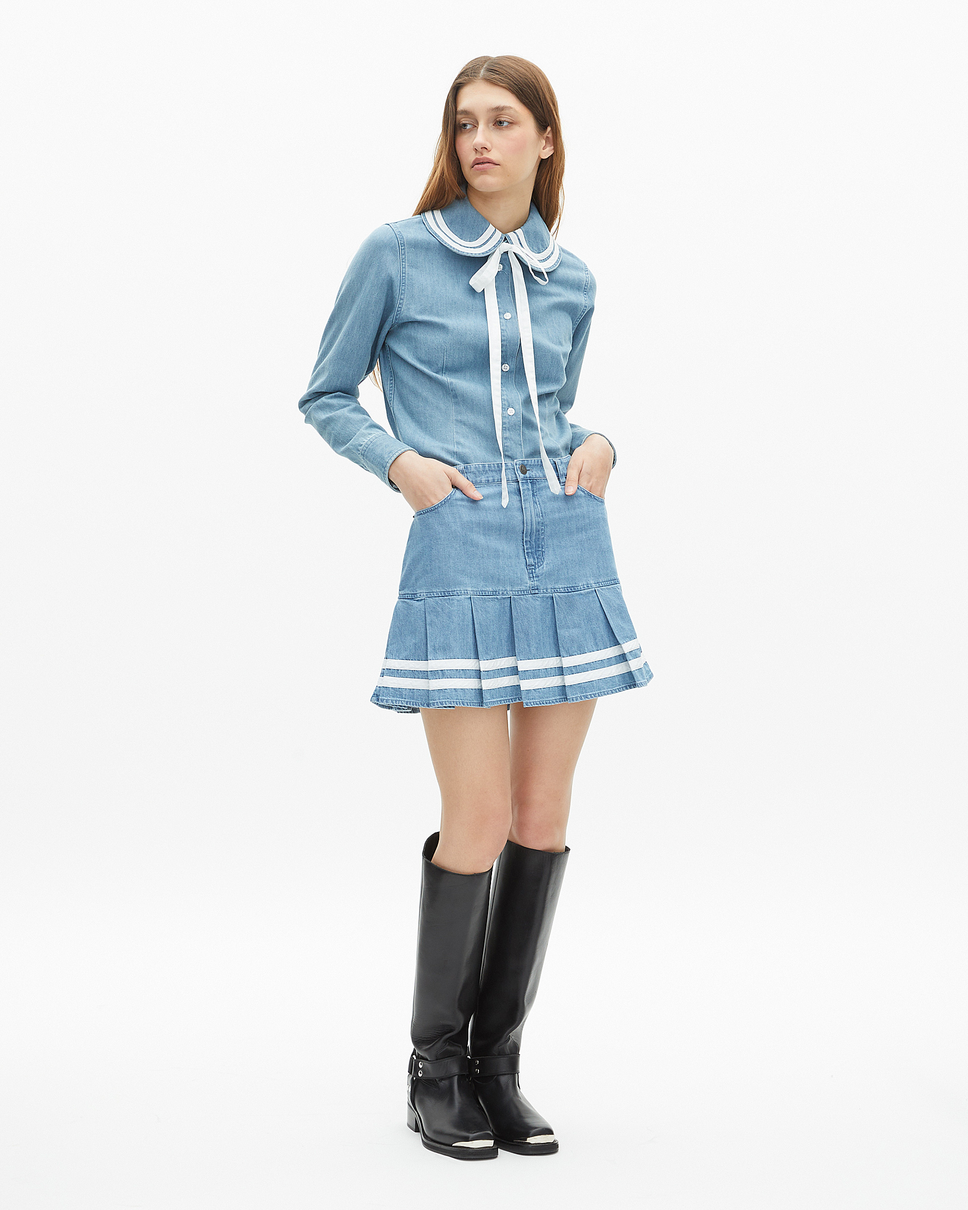Denim shirt with claudine collar