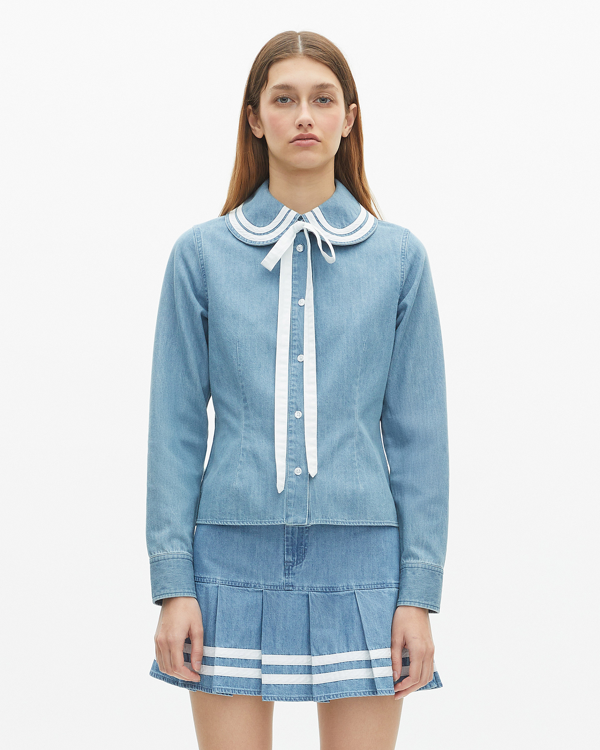 Denim shirt with claudine collar