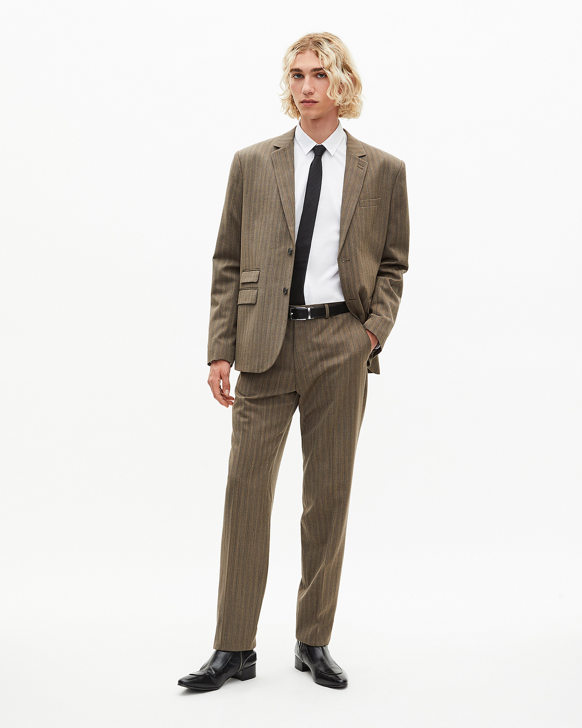 Straight brown pinstripe suit pants