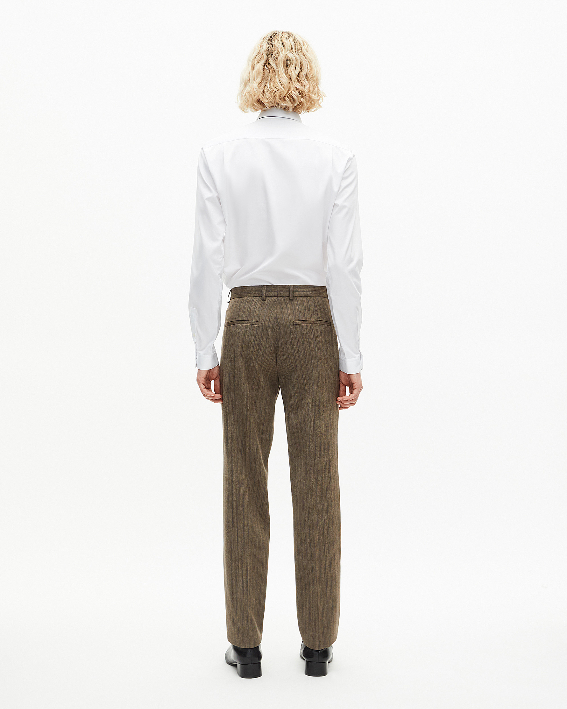 Straight brown pinstripe suit pants
