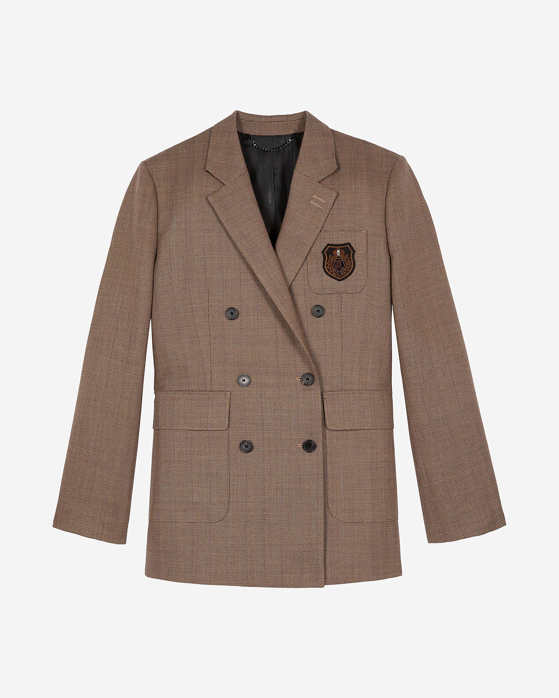 Double-breasted wool suit jacket with camel coat of arms