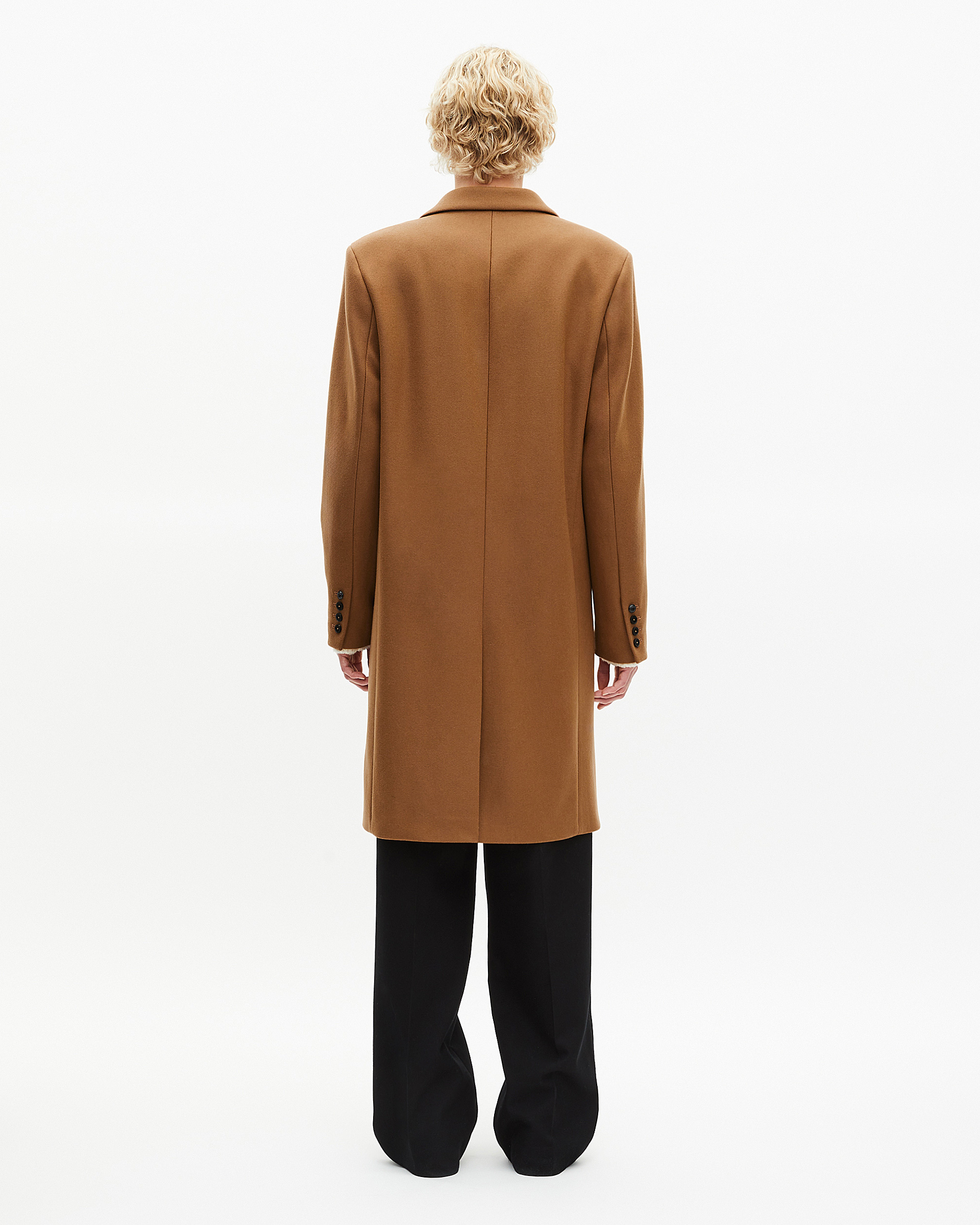 Wool coat with camel leather lapel collar