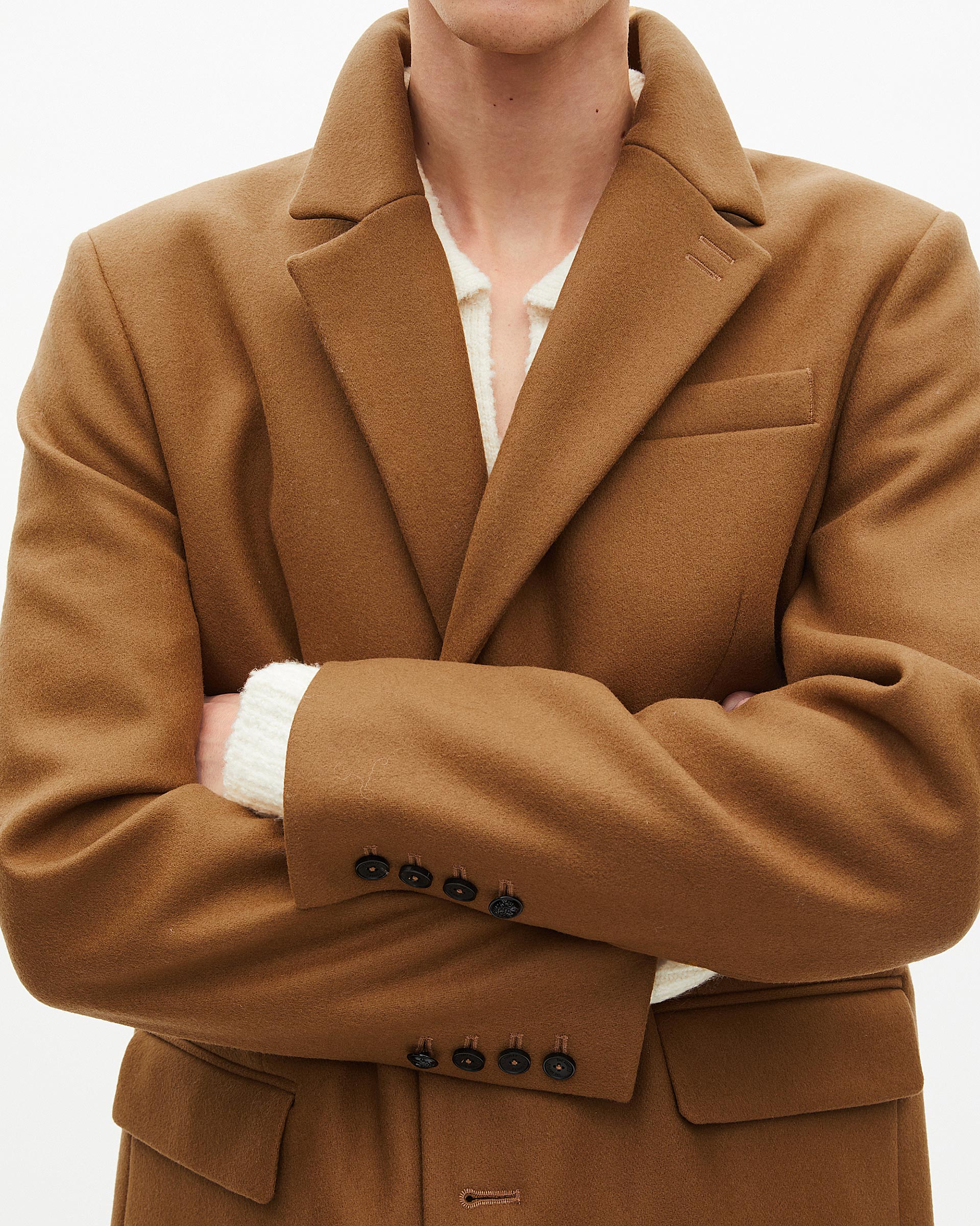 Wool coat with camel leather lapel collar
