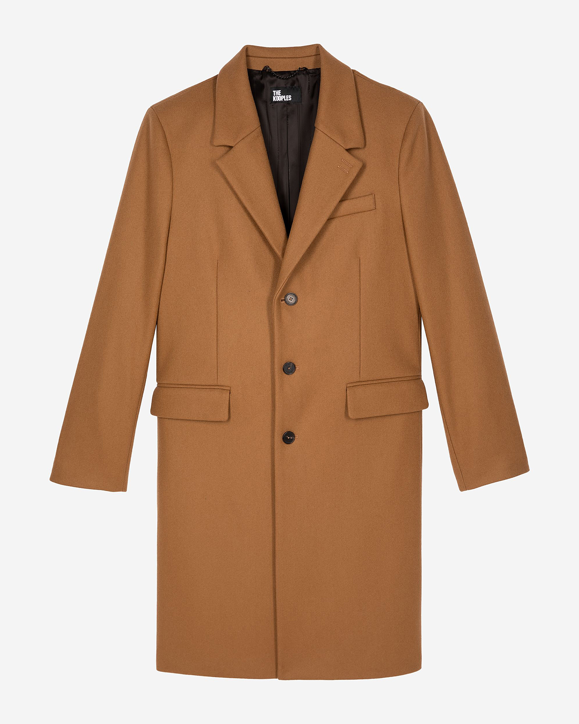 Wool coat with camel leather lapel collar