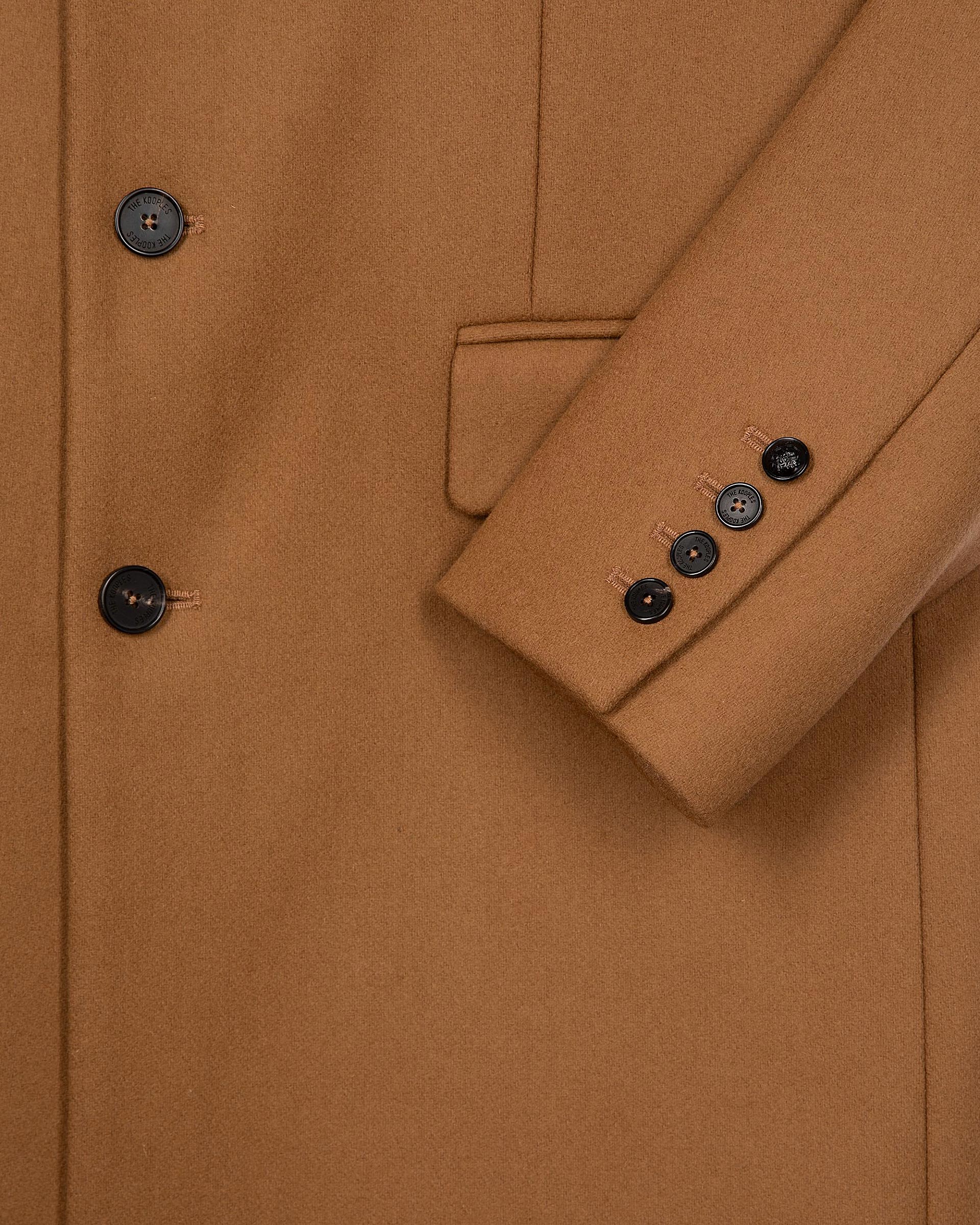 Wool coat with camel leather lapel collar