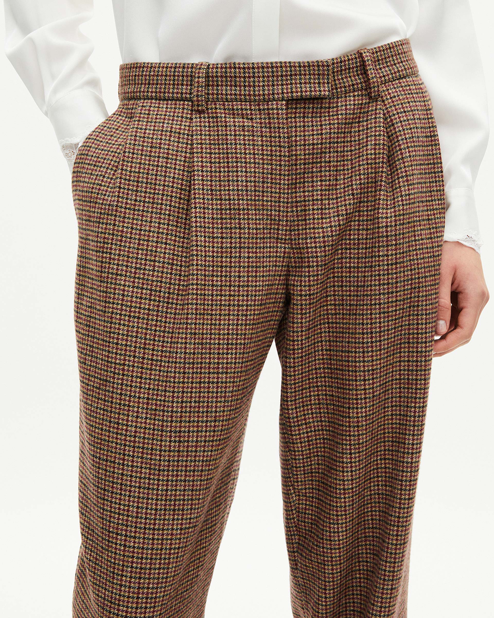 Camel houndstooth wide-leg tailored pants