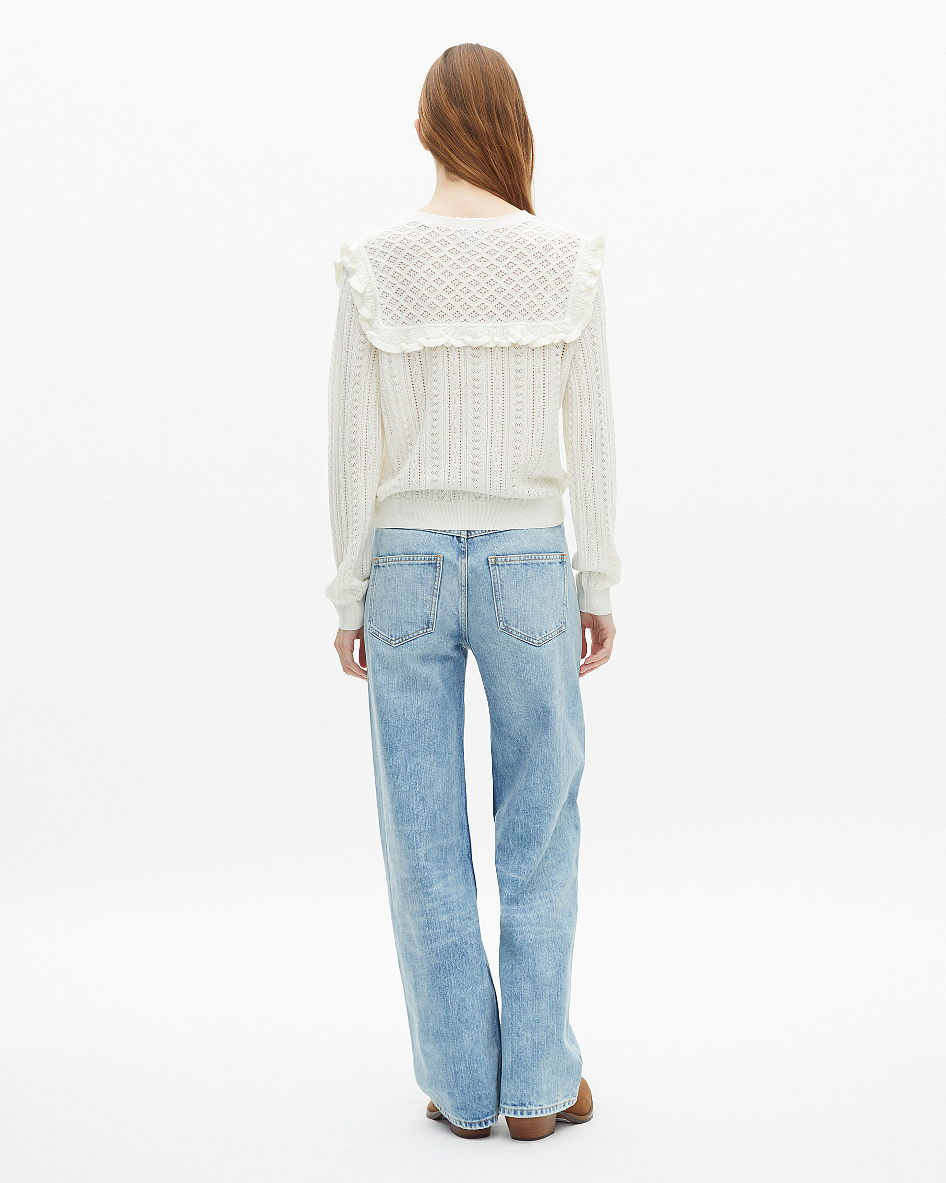 Cardigan with ruffles in ecru merino wool