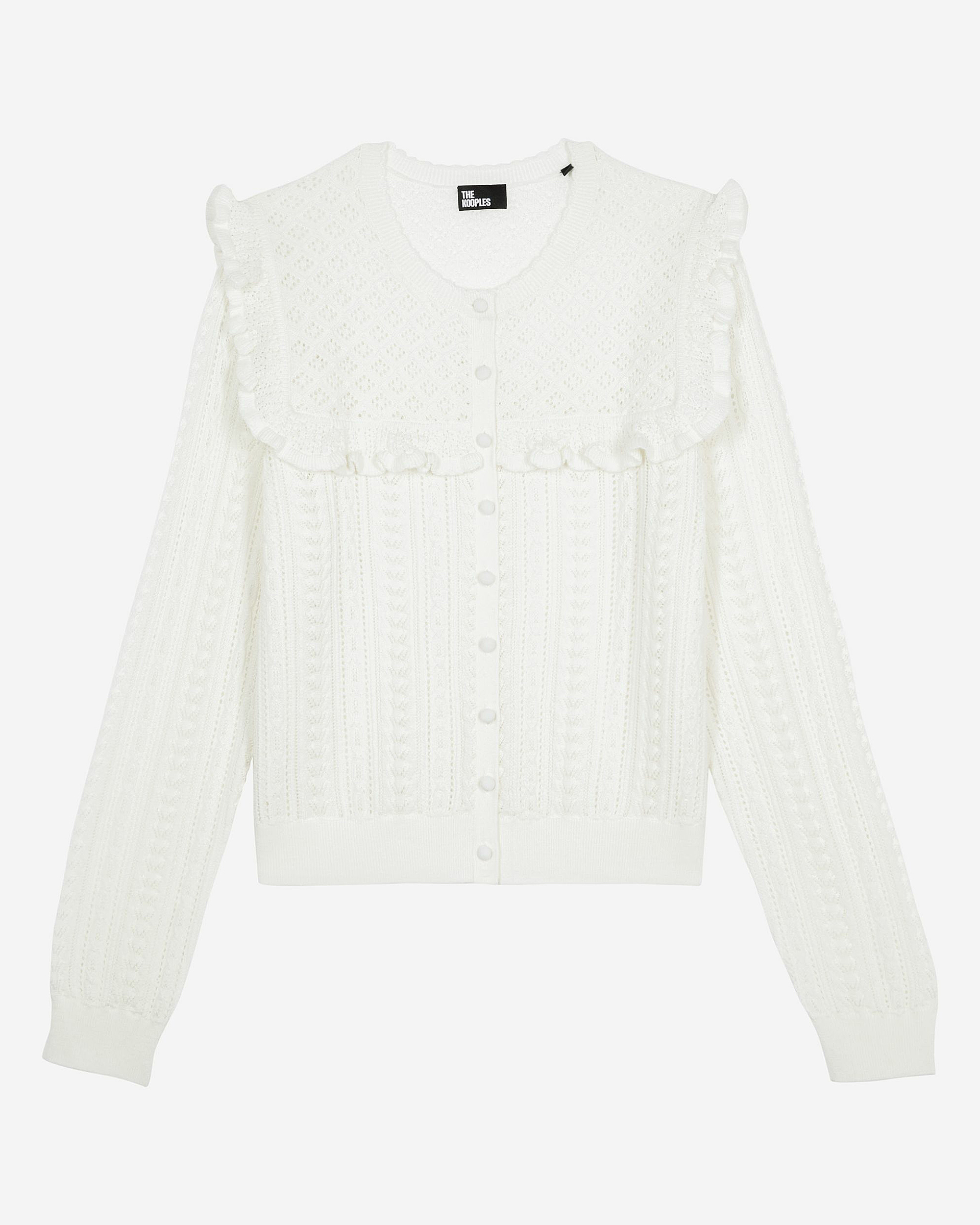 Cardigan with ruffles in ecru merino wool