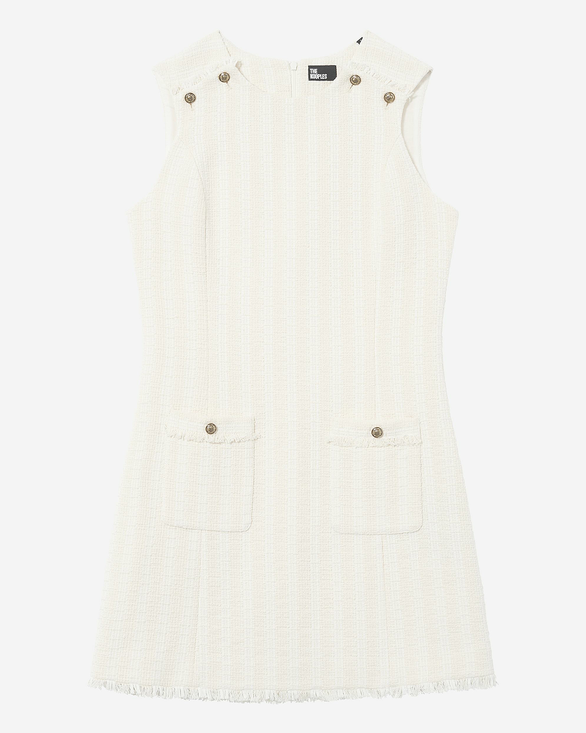 Short sleeveless dress in ecru tweed