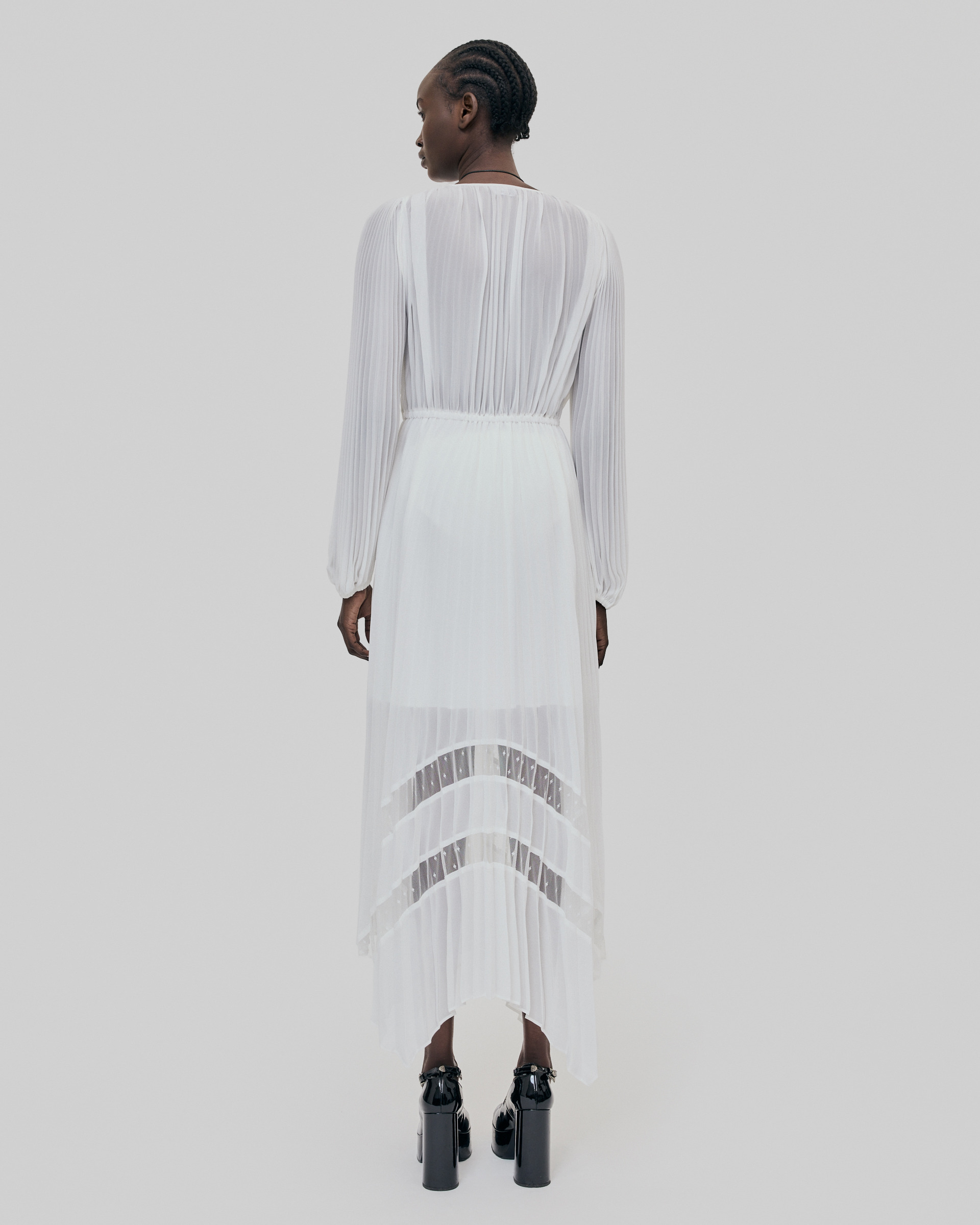 Ecru plumetis long pleated dress