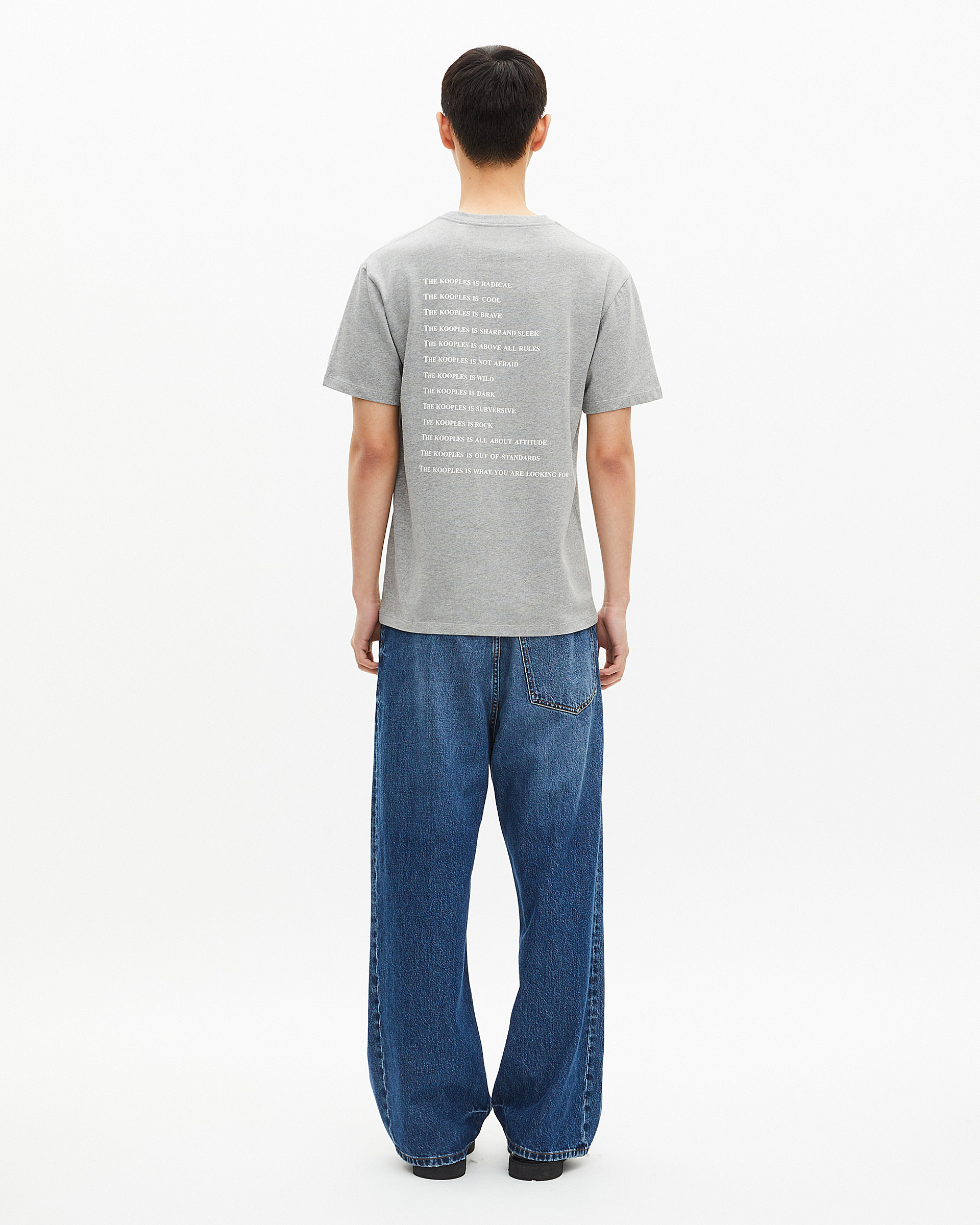 What is grey T-shirt