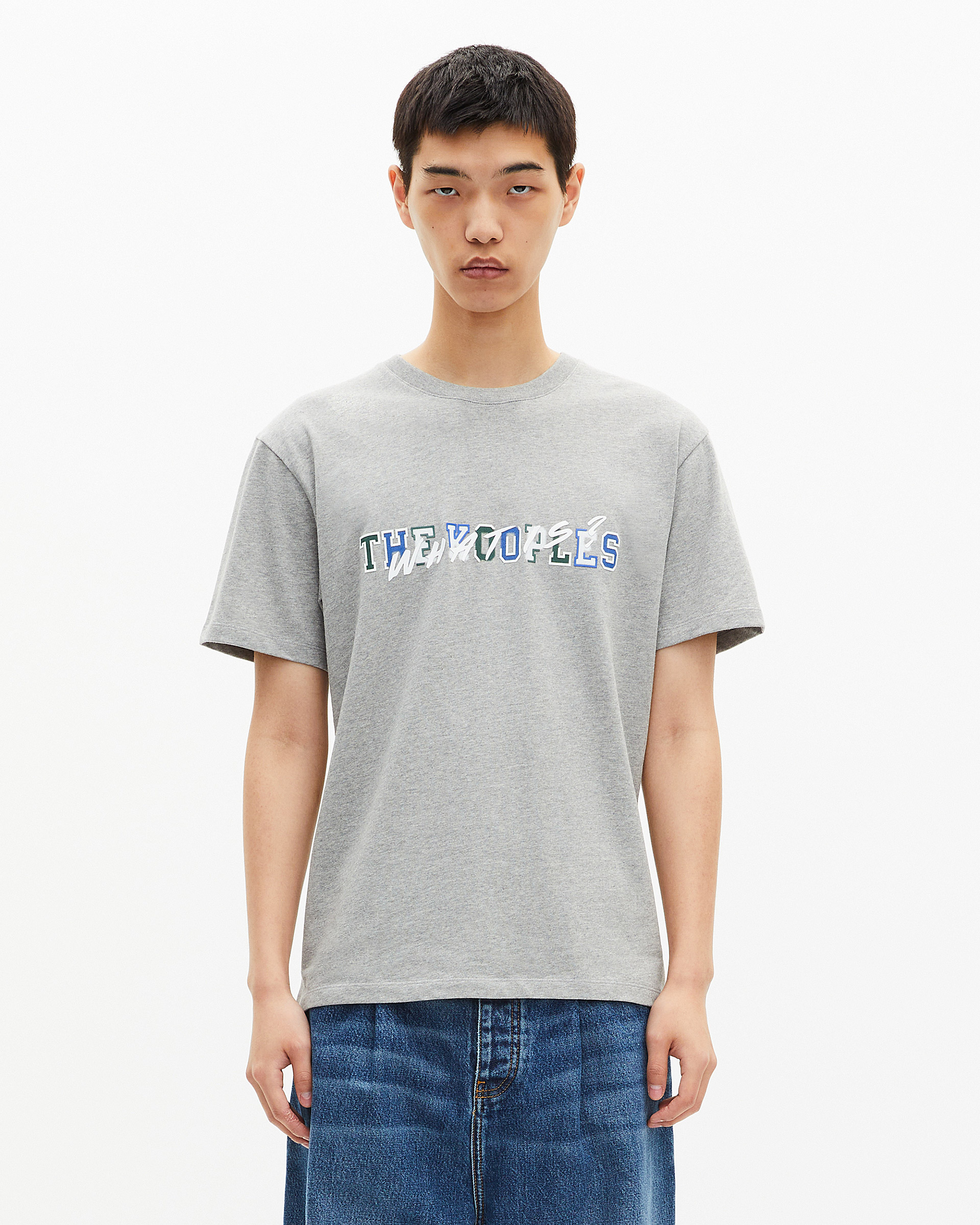What is grey T-shirt