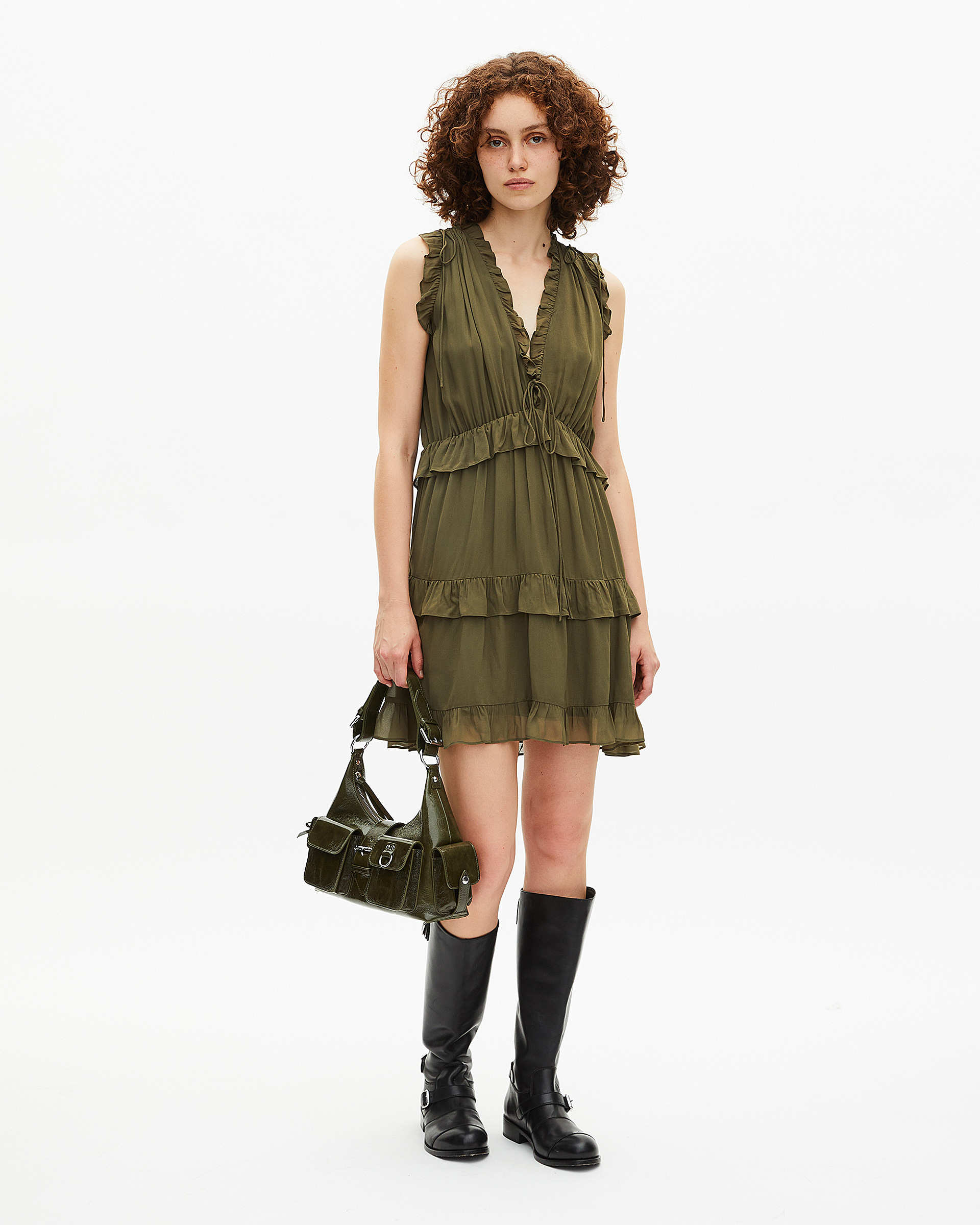 Short dress with khaki ruffles