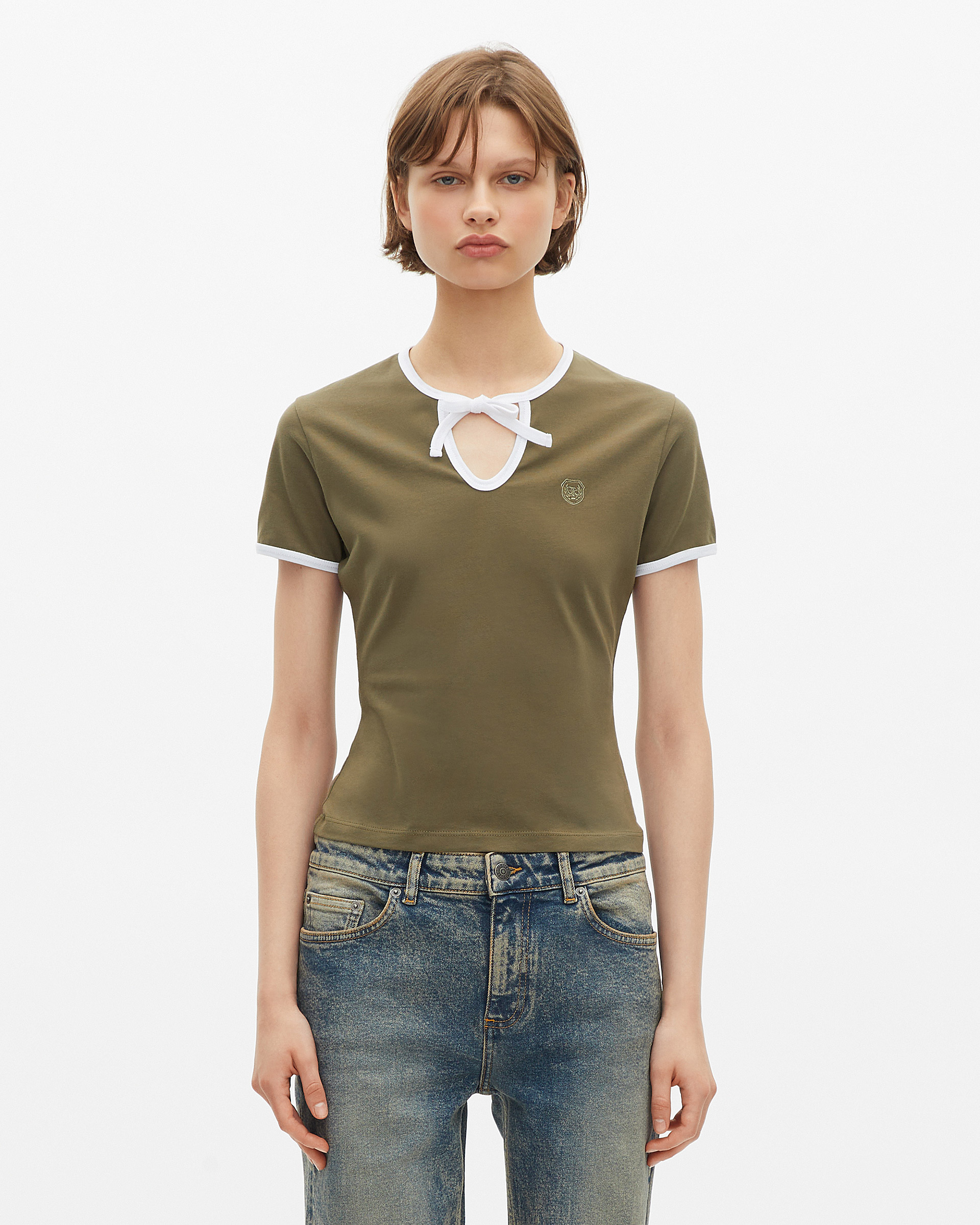 Khaki T-shirt with drop collar