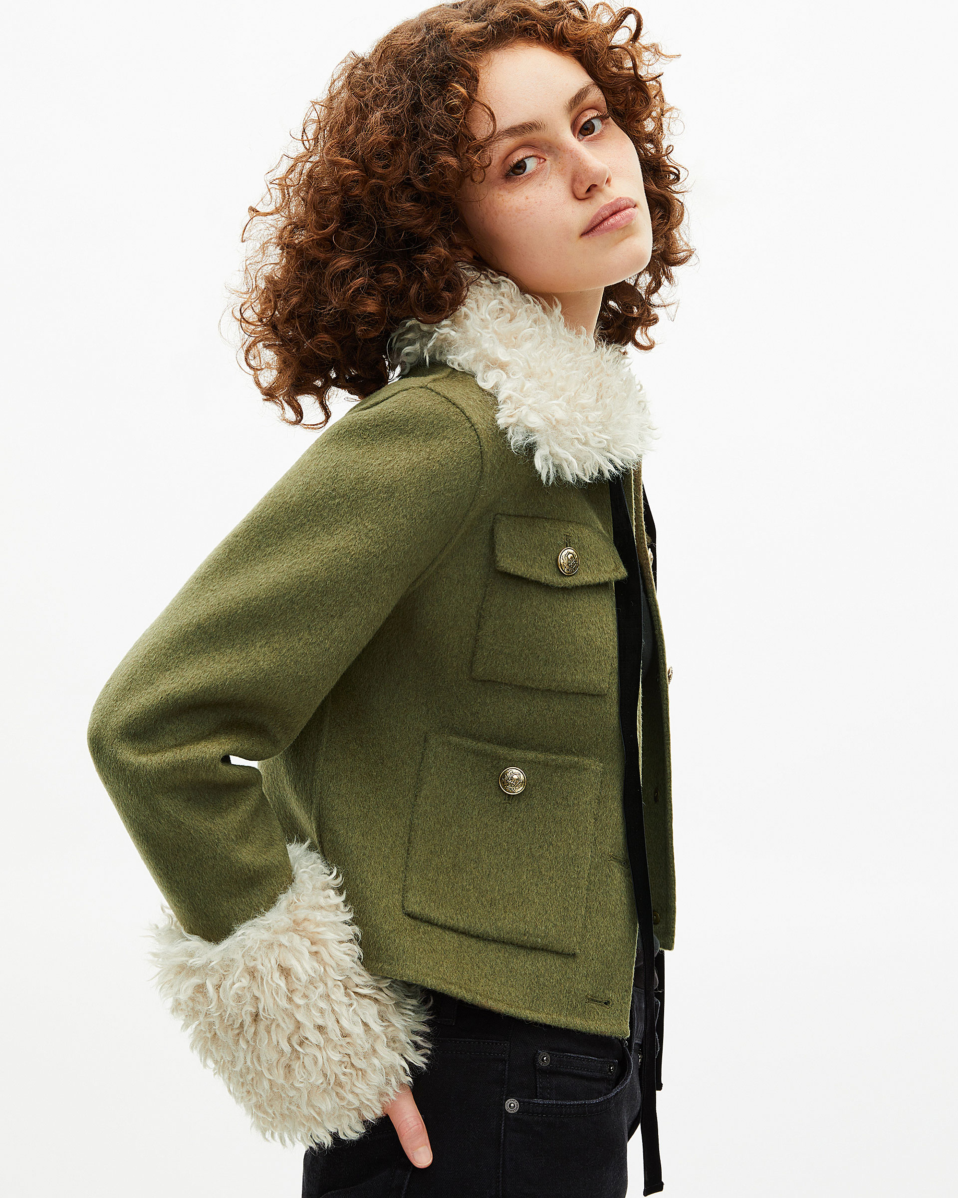 Short wool jacket with khaki sherpa collar