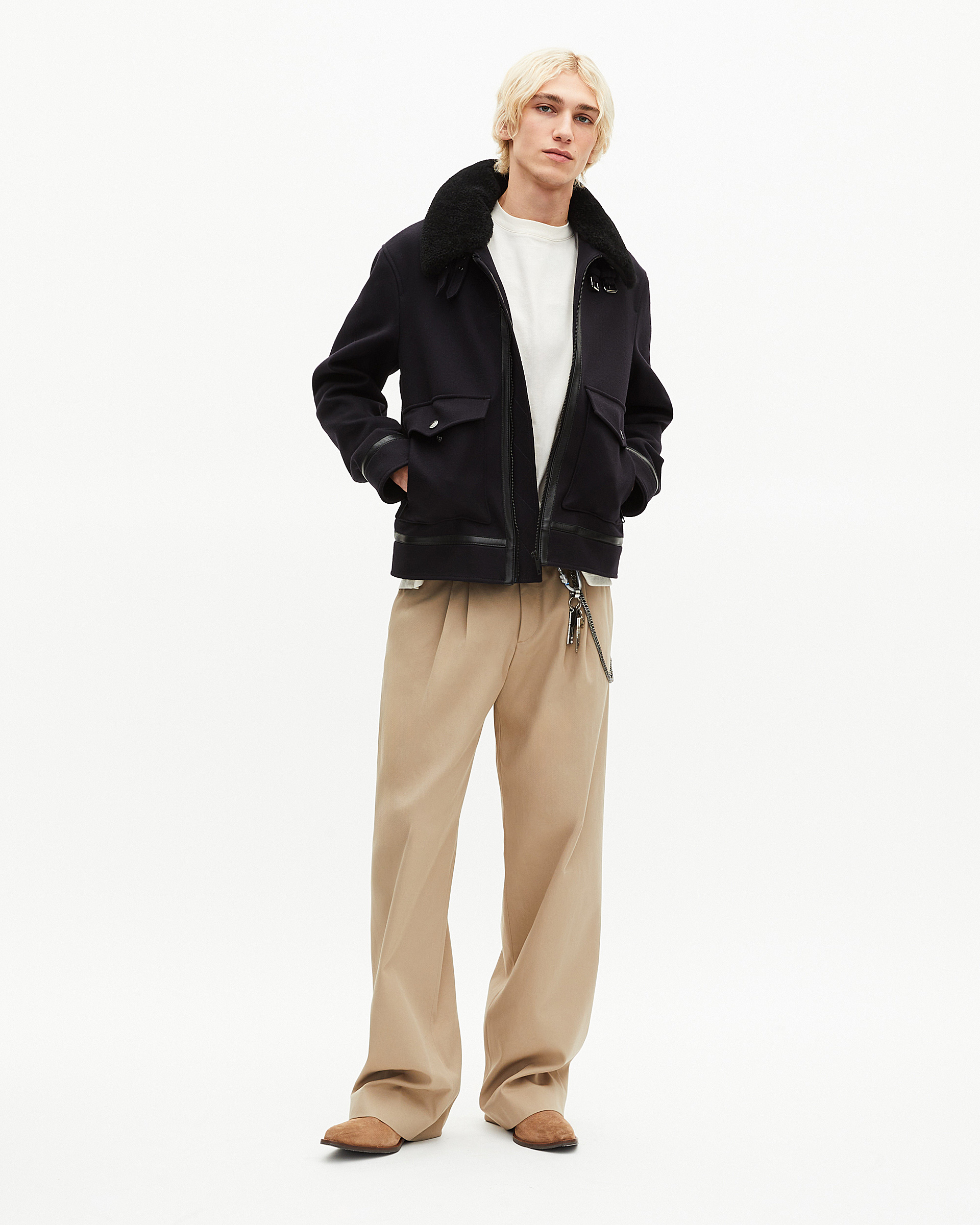Navy wool jacket with sherpa collar