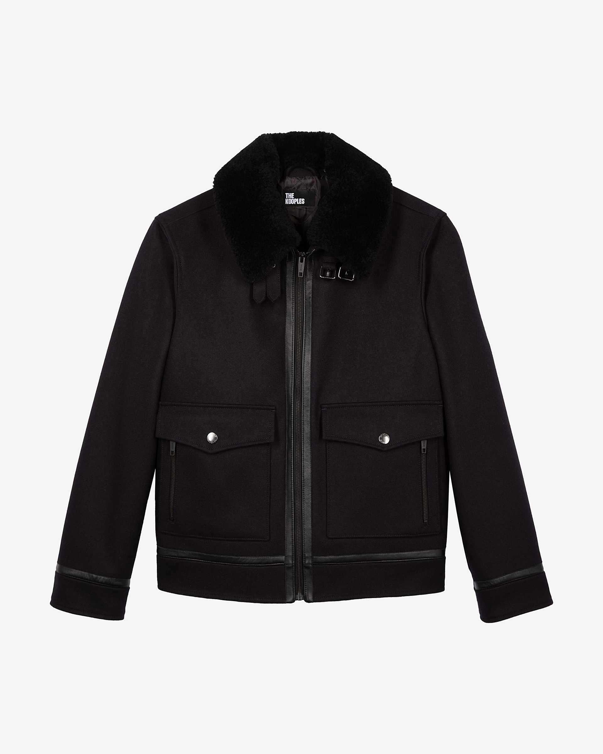 Navy wool jacket with sherpa collar