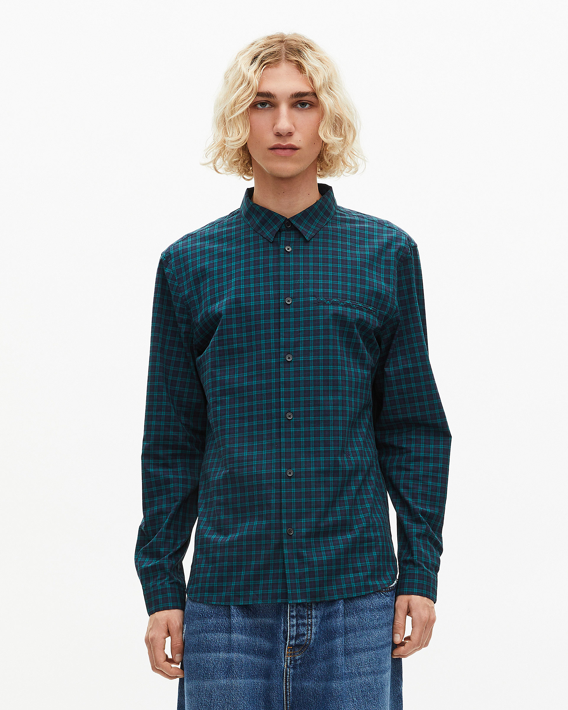 Small navy and green check shirt