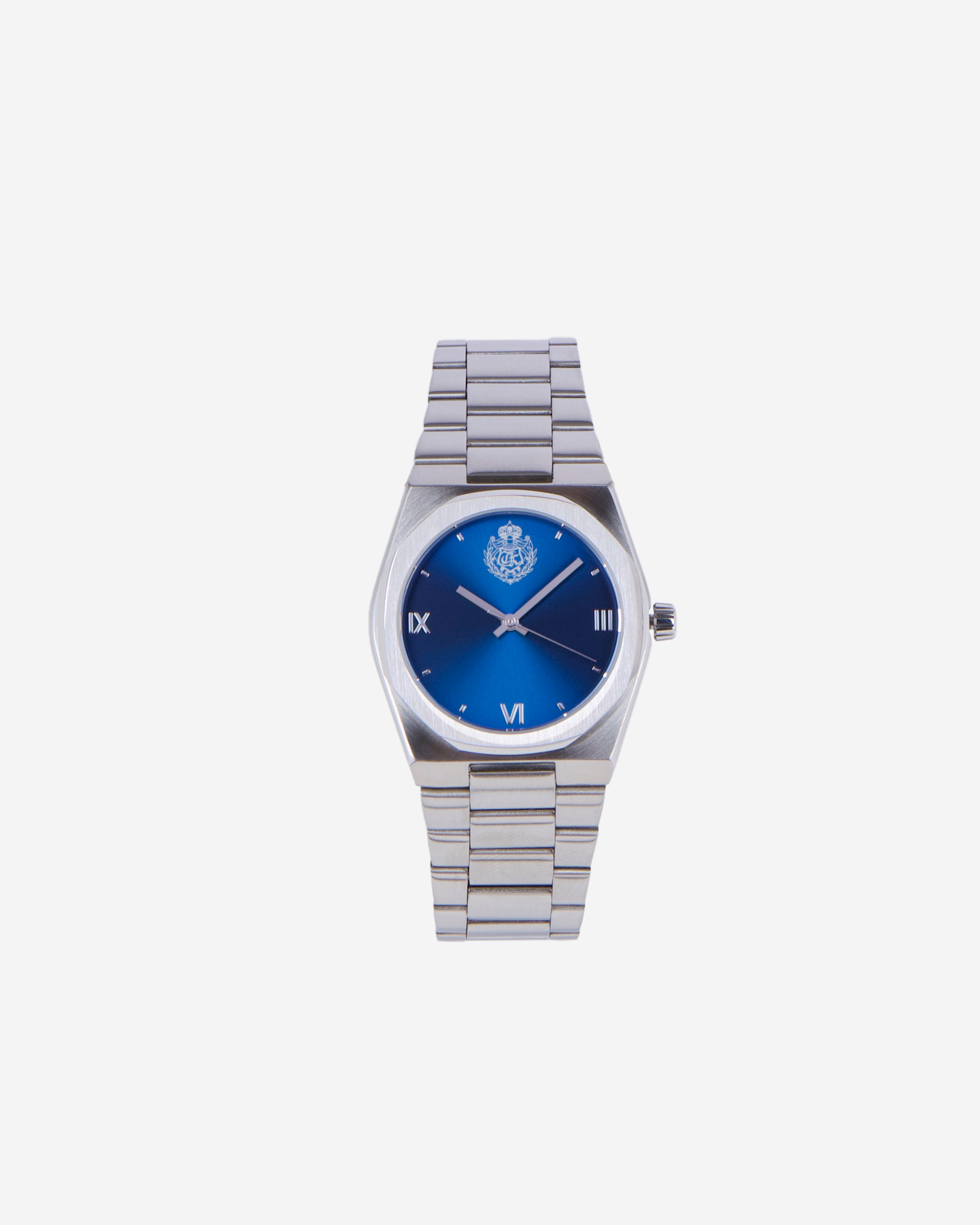 Watch with silver blazon blue dial
