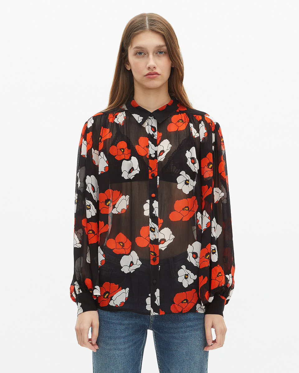 Loose-fitting black floral print shirt